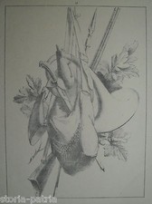 CACCIA_CACCIATORI_UTENSILI_PORTA POLVERE_TROMBA_BORSA_FUCILE_ALLEGORIA D'EPOCA