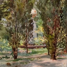 Paesaggio sconosciuto fontana nel verde acquerello originale non firmato metà XIX secolo