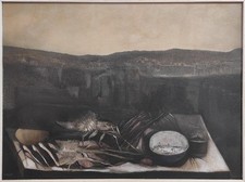 LONGINOTTI GIANNI (Padova, 1927 - 2007) NATURA MORTA CON PAESAGGIO olio su tela 