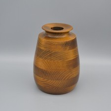 Vintage Striped Turned Wooden Vase MCM Vessel Solid Wood Grain Artist Signed 5"