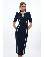 Abito Karen Millen Compatto Elasticizzato Contrasto Punta Forever Cintura Midi 14