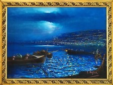 Quadro antico pastello arte napoletana paesaggio notturno Golfo di Napoli firmato