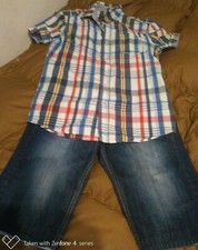 Completo jeans bermuda e camicia a scacchi a maniche corte taglia 34 e L