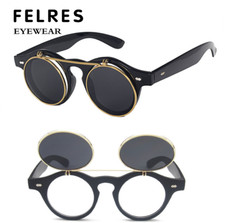 Occhiali da sole rotondi steampunk flip up uomo retrò outdoor protezione UV