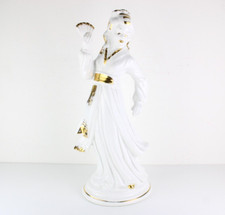 Grande Statua GEISHA in Ceramica Porcellana Bianco Lucido Decorazioni Colore Oro