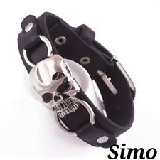 BRACCIALE UOMO DONNA TESCHIO NERO CUOIO FIBBIA REGOLABILE BIKER MOTO HARLEY SEXY