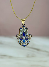 Collana con ciondolo in oro massiccio 14 carati dipinta a mano astratto malocchio in mano Hamsa