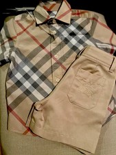 Camicia Burberry ragazzo Owen Pale Stone Chk con pantaloncini beige pietra pallida nuova con etichetta 3 anni