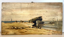 ANTICO DIPINTO OLIO TAVOLETTA S. Delleani PAESAGGIO MARINA SCOGLI BARCHE 1909