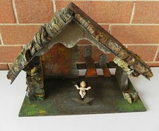 Casetta capanna grotta stalla legno Presepe + Gesù bambino Vintage 32x15x23  
