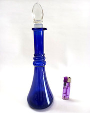 Vintage Cobalt Blue Glass Flask Bottle Round Stopper Hand Blown Old Nice 11.5''