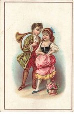 Chromo #CL31228 Casa Lachaud Jeune Coppia Corno Strumento Musica Cestino F