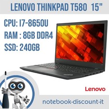 Notebook Lenovo T580 Cpu i7-8650u Ram 8gb DDr4 SSD 240gb  Portatile 15" GRADO A-