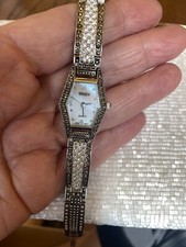 Orologio Vintage Gruen Donna Tono Argento Bracciale Cristallo MOP Marcacite Ha Bisogno Batteria