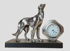 Raro orologio da tavolo vintage art deco cane levriero su base legno metallo tono argento