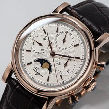 Gabbiano 1963 Sugess 40mm Bianco Fasi Lunari Data Cronografo Oro Zaffiro ST1908