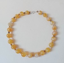 COLLANA AGATA GIALLA Perle Tonde OCCHIO TIGRE VINTAGE Chiusura ARGENTO 925