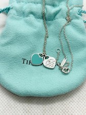 Collana Tiffany & Co 925 RTT Doppio Mini Cuori Smalto Blu Diamante Ciondolo 18”