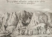 STEYR - "Montagna Castello di Clausen, un passaporto sulla Steyr" - incisione su rame del 1650