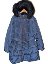 YOURS Cappotto Lungo Trapuntato Imbottito Invernale con Cappuccio Blu Donna Cappuccio Pelliccia Finta 20/48