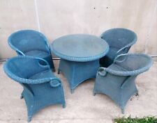 SET DA GIARDINO - VERANDA ANNI 80 TAVOLO ROTONDO + 4 SEDIE IN RATTAN AZZURRO