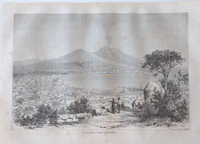 Stampa antica veduta di Napoli Campania Vesuvio  xilografia originale 1861