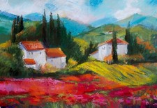 Quadro moderno pittura, Toscana e papaveri, dipinto a mano 28x37 cm sulla carta 