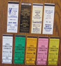 NORTH HERO, VERMONT COPERTINE FIAMMIFERI: LOTTO DI 9 DIVERSE COPERTINE VUOTE -A