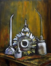 LA FRESA E L'OLIATORE  - OLIO SU TAVOLA di ALDO MINGOZZI