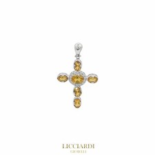 Ciondolo donna croce oro bianco 18kt con ambra e zirconi