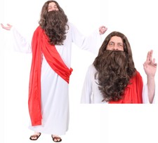 COSTUME GESÙ CRISTO VESTITO FANTASIA MARRONE PARRUCCA E BARBA NATALE RELIGIOSO