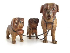 Cani San Bernardo in legno scolpito vintage 1 adulto e 2 cuccioli con botticelle