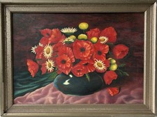 Quadro a Olio Impressionista Natura Morta Con Papavero E Fiori Estivi A.Gissen
