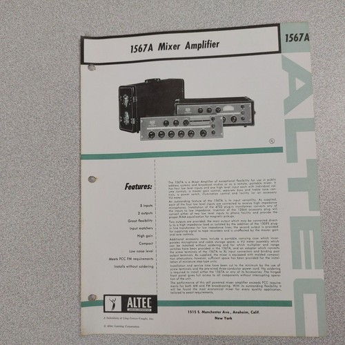 Scheda tecnica altec 1567a - tecnica,