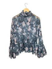 Blusa Zara floreale nera multicolore in tulle trasparente manica svasata collo alto M