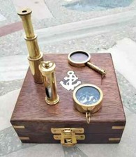 Set 4 portachiavi in ottone bussola lente di ingrandimento telescopio sabbia timer con scatola