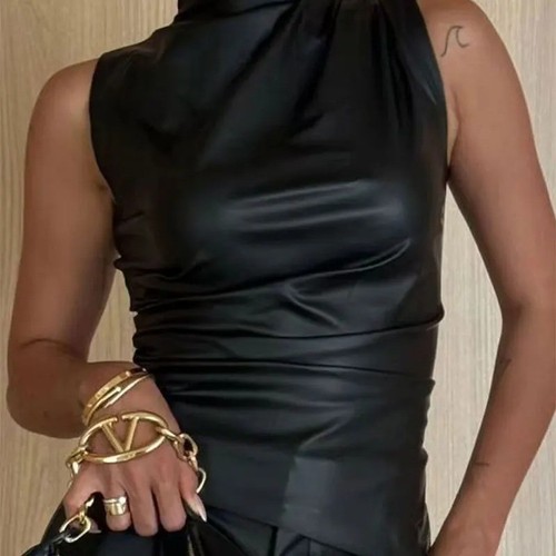 Faux leather sleeveless top - faux,