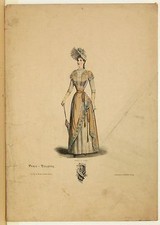 Stampa antica MODA FRANCESE DONNA con ABITO ocra con PIZZI RICAMI 1885 Old Print