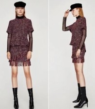 Mini gonna a vita alta Zara viola tweed struttura nappa frange M D34HLV145