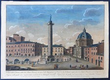 Pietro Ruga acquaforte stampa antica veduta Colonna Trajana Roma 1810 colori