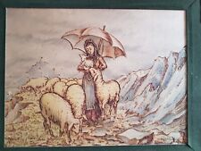 900 PIROGRAFIA E ACQUERELLO BAMBINA PASTORALE SU TAVOLA MONTAGNA FIRMA CASATI