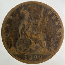 1892 Victoria One Penny Coin |