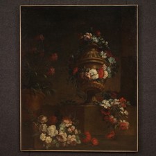 Dipinto olio su tela antica natura morta XVIII secolo vaso fiori quadro arte