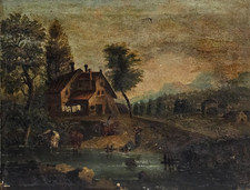 SCUOLA del XIX Secolo Antico Quadro Dipinto Olio su Tela Paesaggio Lacustre '800