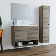 Mobile Bagno 80 cm sospeso rovere legno lavabo ceramica specchio colonna Erika