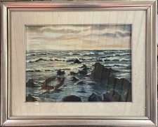 quadro vecchio vintage dipinto a mano ad olio su tela marina mare con cornice XX