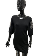 Pinko Abito Maglia Donna XS Nero Lana 100% Ricami Perle Elegante Slim Dress