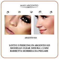 SET 5 PEZZI, PIERCING ORECCHINI NASO 1.5 MM,  Brillantini Bianchi,  ARGENTO 925