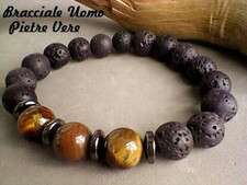 ❤??BRACCIALE UOMO PIETRE DURE PIETRA LAVICA NERA, OCCHIO DI TIGRE, EMATITE ❤?