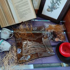 Piatto Vetro Quadro Irregolare Con Fiori Secchi Ambra Bruciata Svuota Tasche 